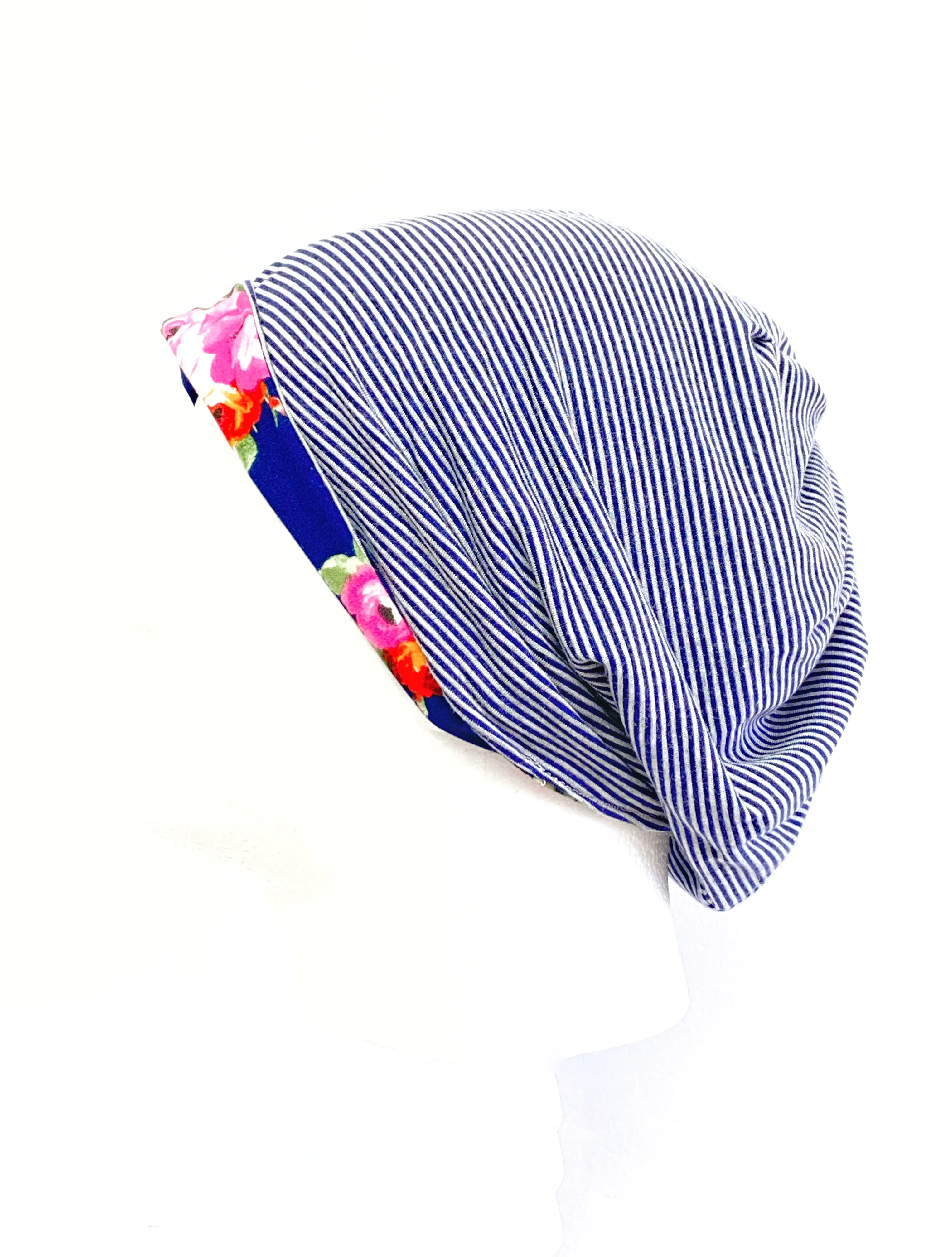 Lightweight Beanie for Ladies, Navy Floral and Blue Pinstripes Beanie Hat for Women, Stretch Jersey Hat, Large, Soft Cotton Beanie L433