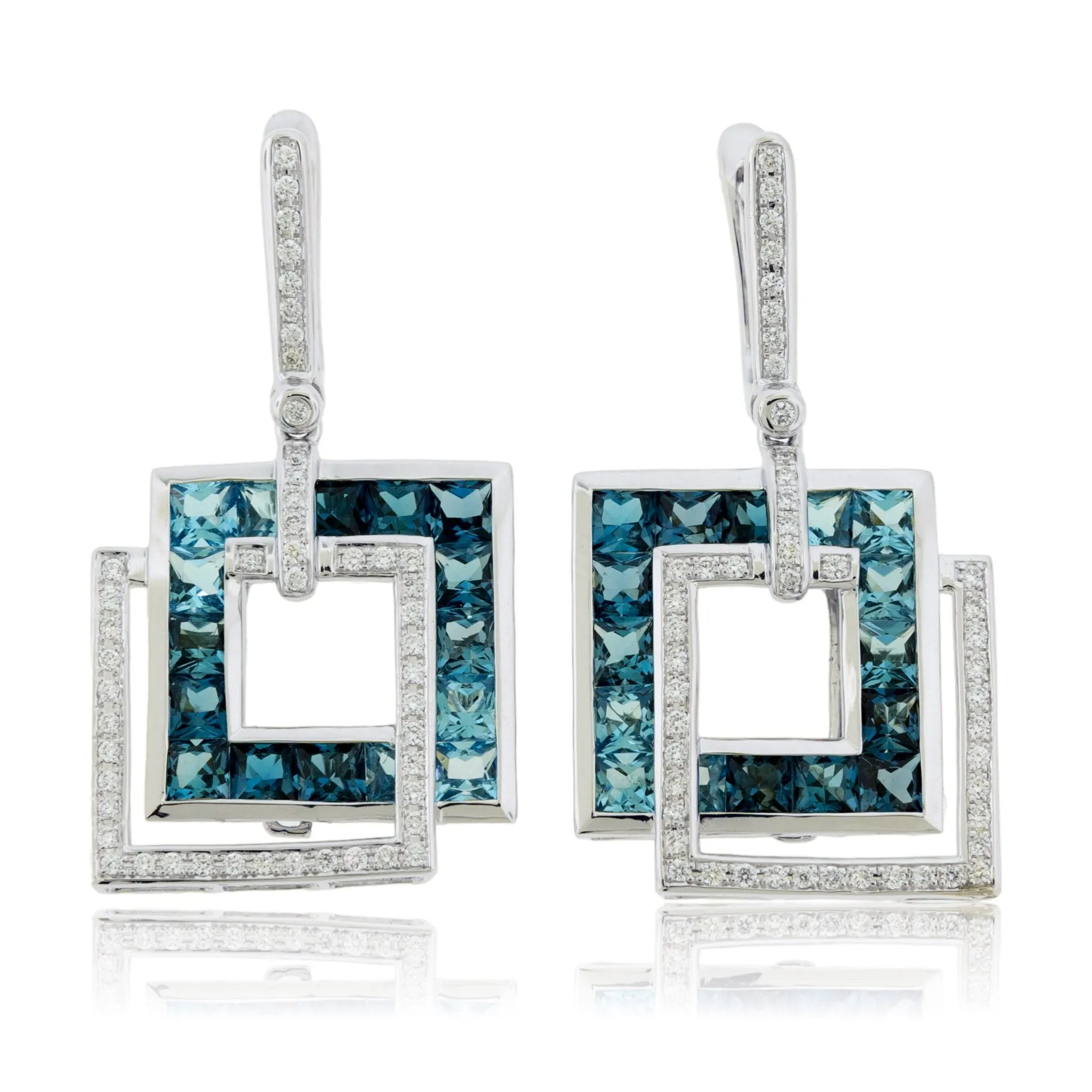 London Blue to Sky Blue Topaz Square with Diamond Accented Earrings