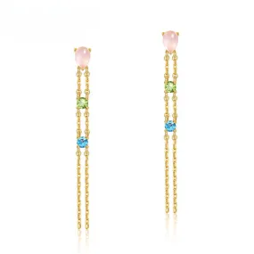 Luxury Pear Shape Pink Crystal Tassel Silver Drop Earrings