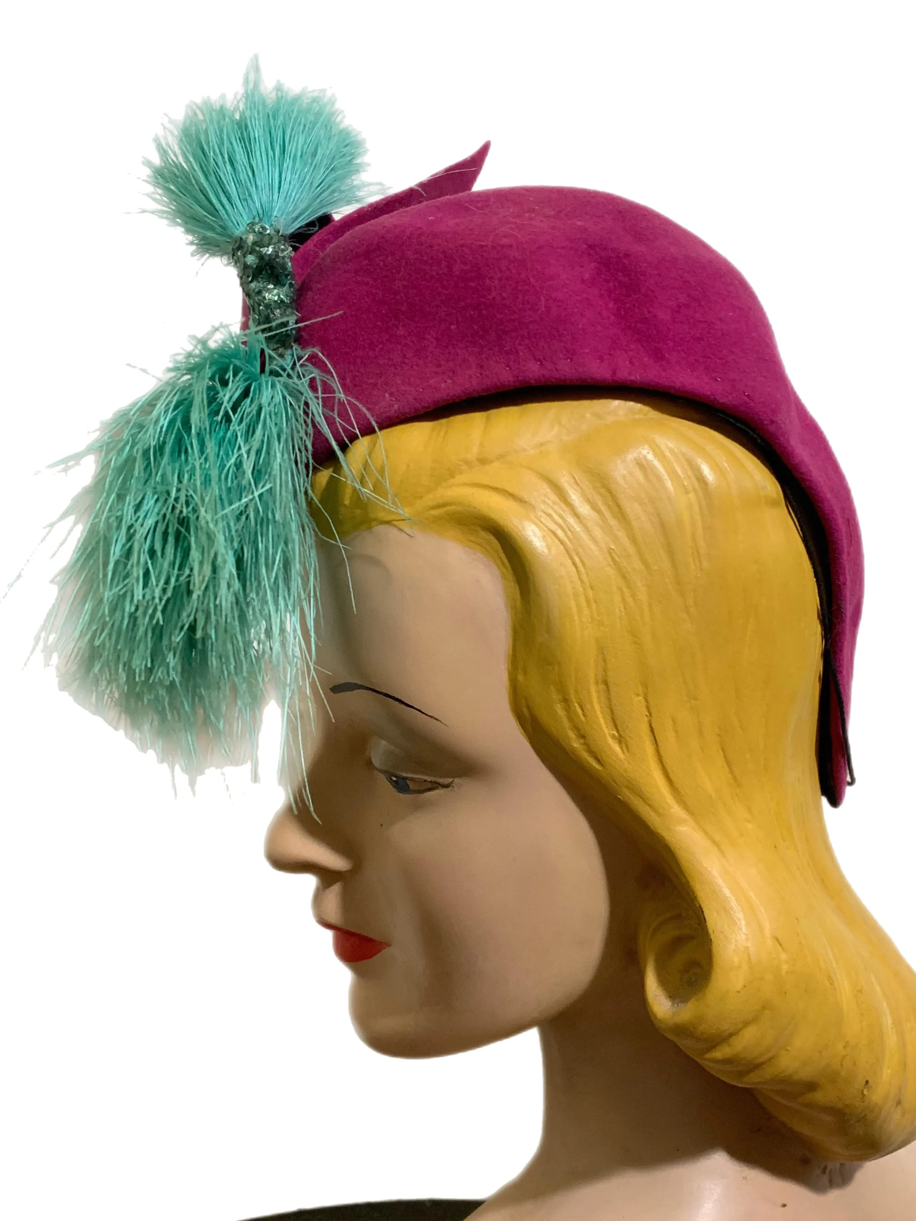 Magenta Wrap Over Pinched Front Hat with Aqua Feathers and Sequins circa 1940s