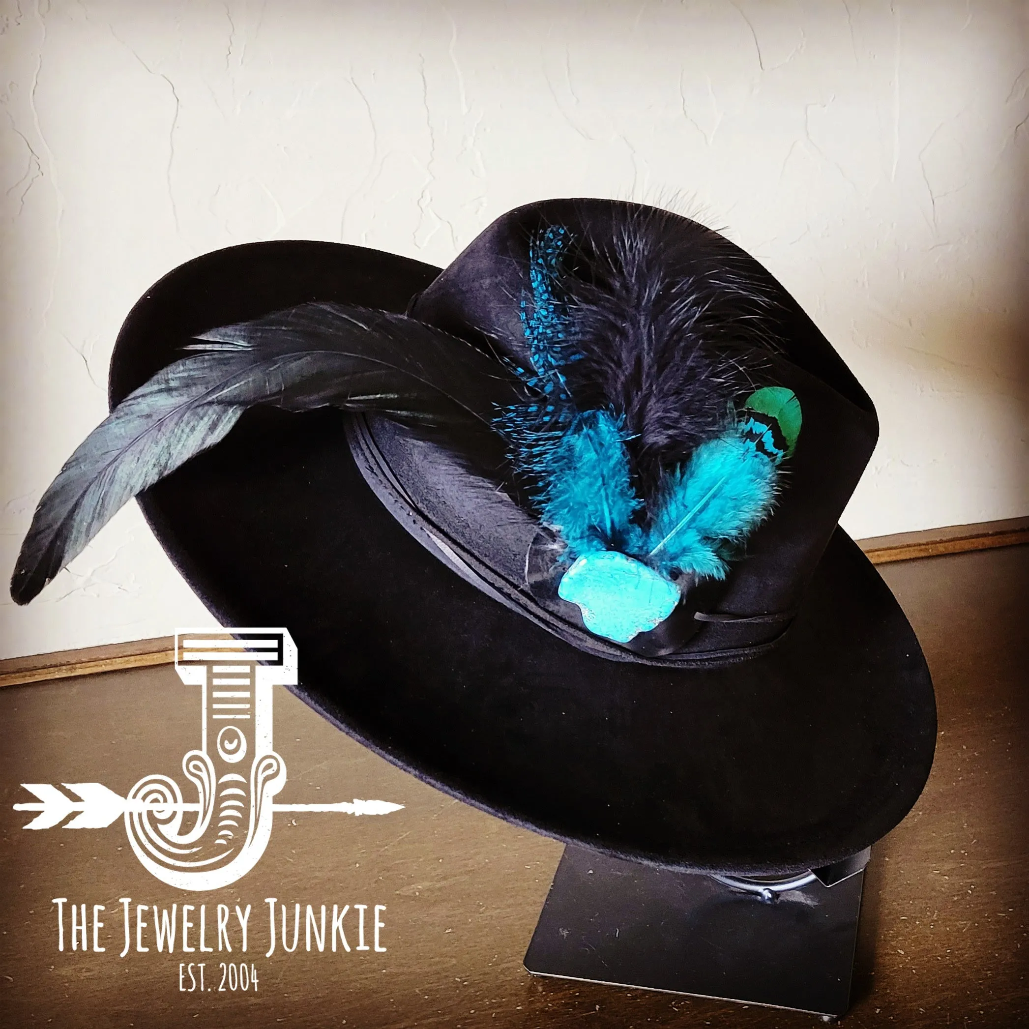 Marabou Blue Spotted Feather & Turquoise Slab Hat Band   Choice of Hat 986a