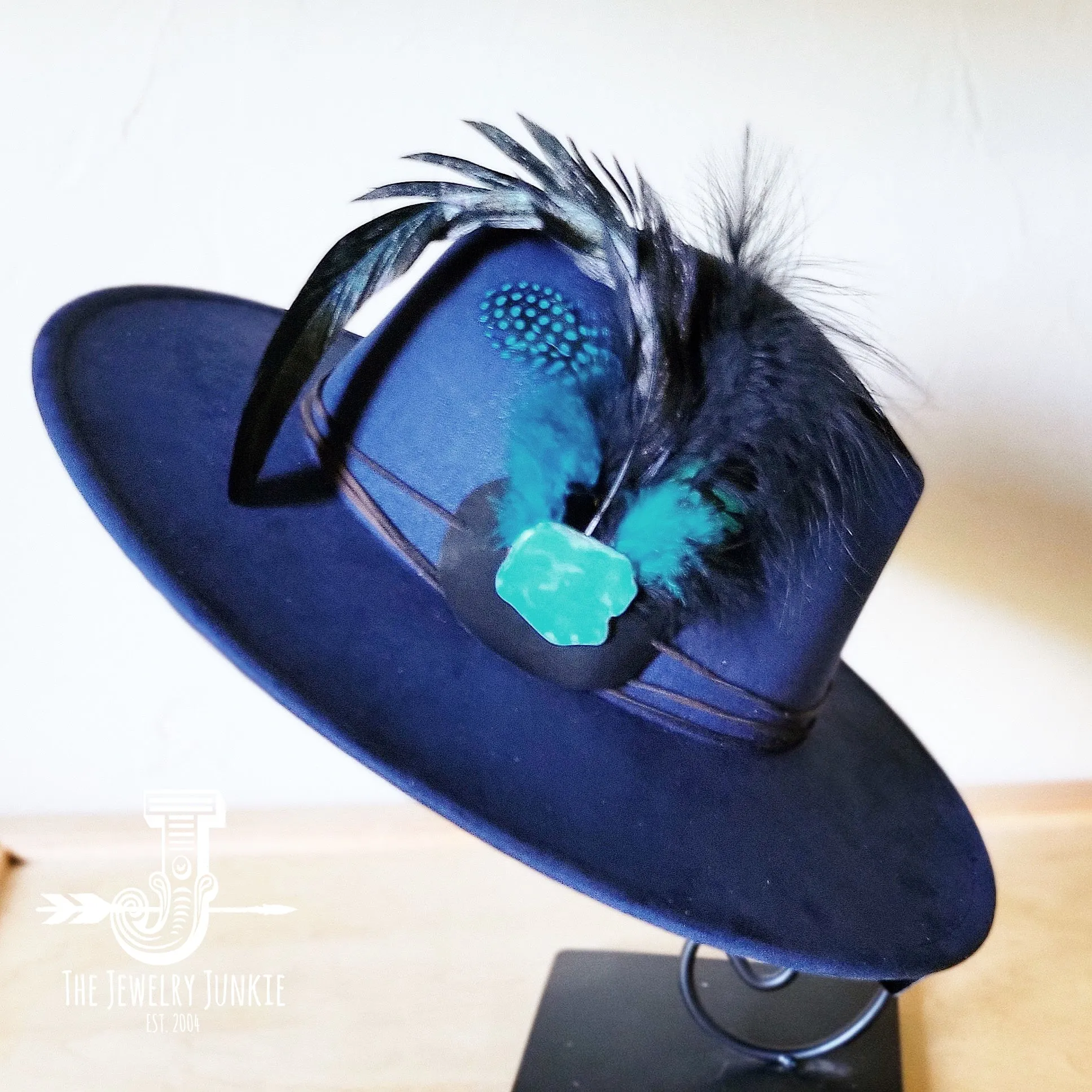 Marabou Blue Spotted Feather & Turquoise Slab Hat Band   Choice of Hat 986a