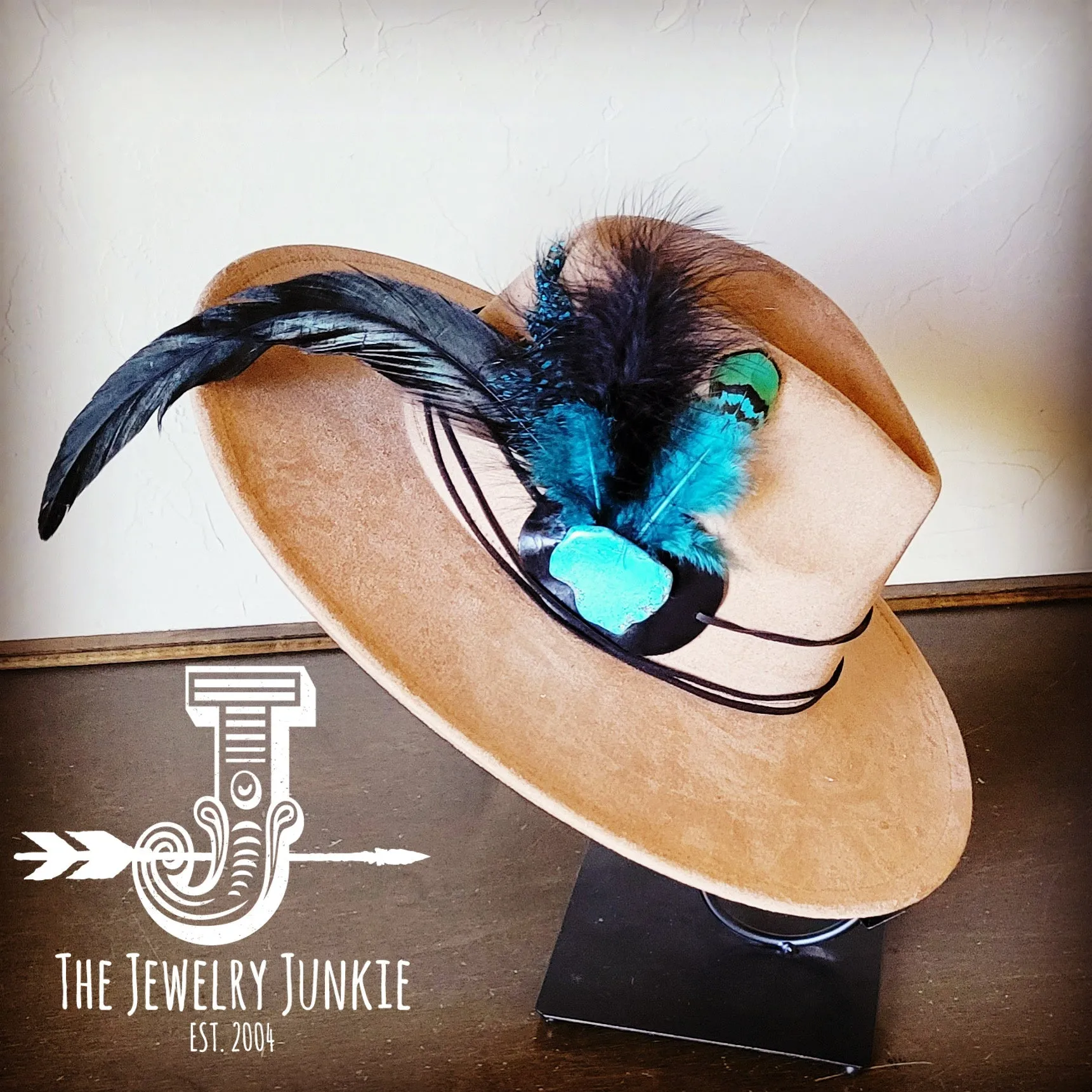 Marabou Blue Spotted Feather & Turquoise Slab Hat Band   Choice of Hat 986a