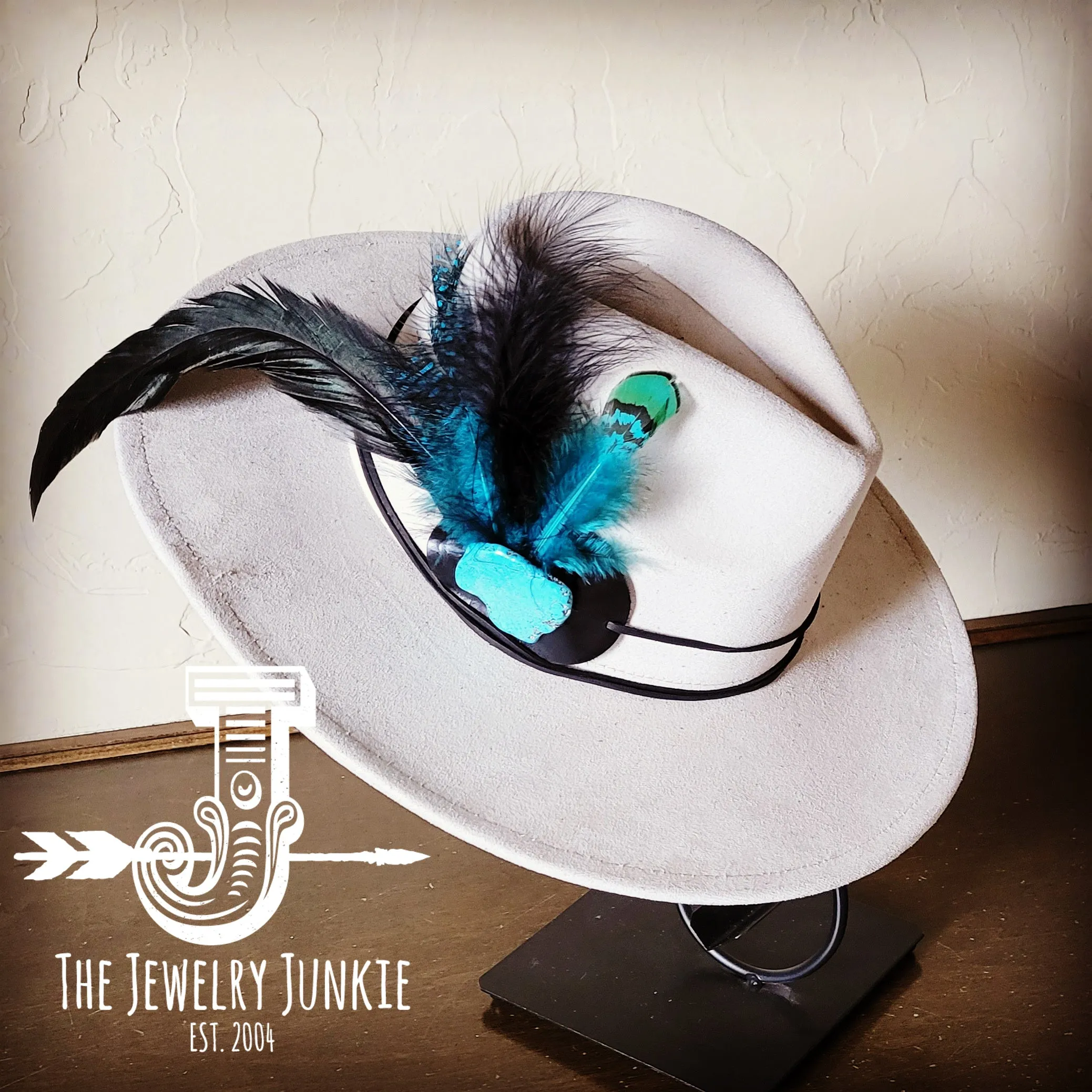 Marabou Blue Spotted Feather & Turquoise Slab Hat Band   Choice of Hat 986a