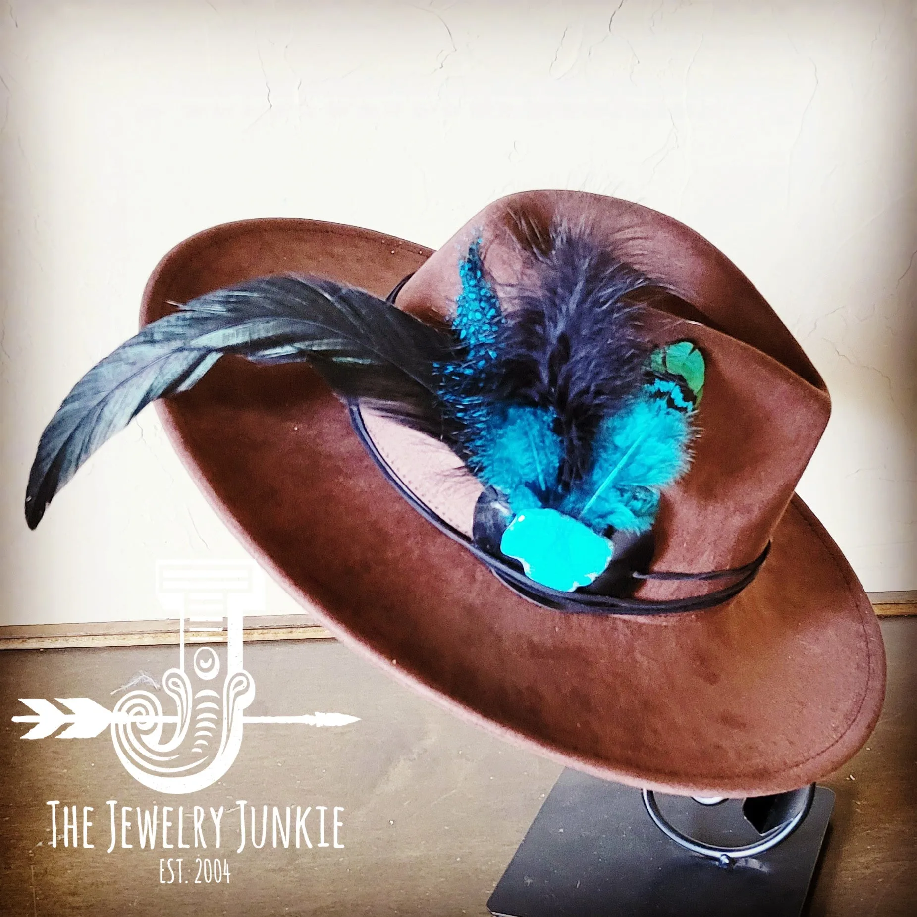 Marabou Blue Spotted Feather & Turquoise Slab Hat Band   Choice of Hat 986a