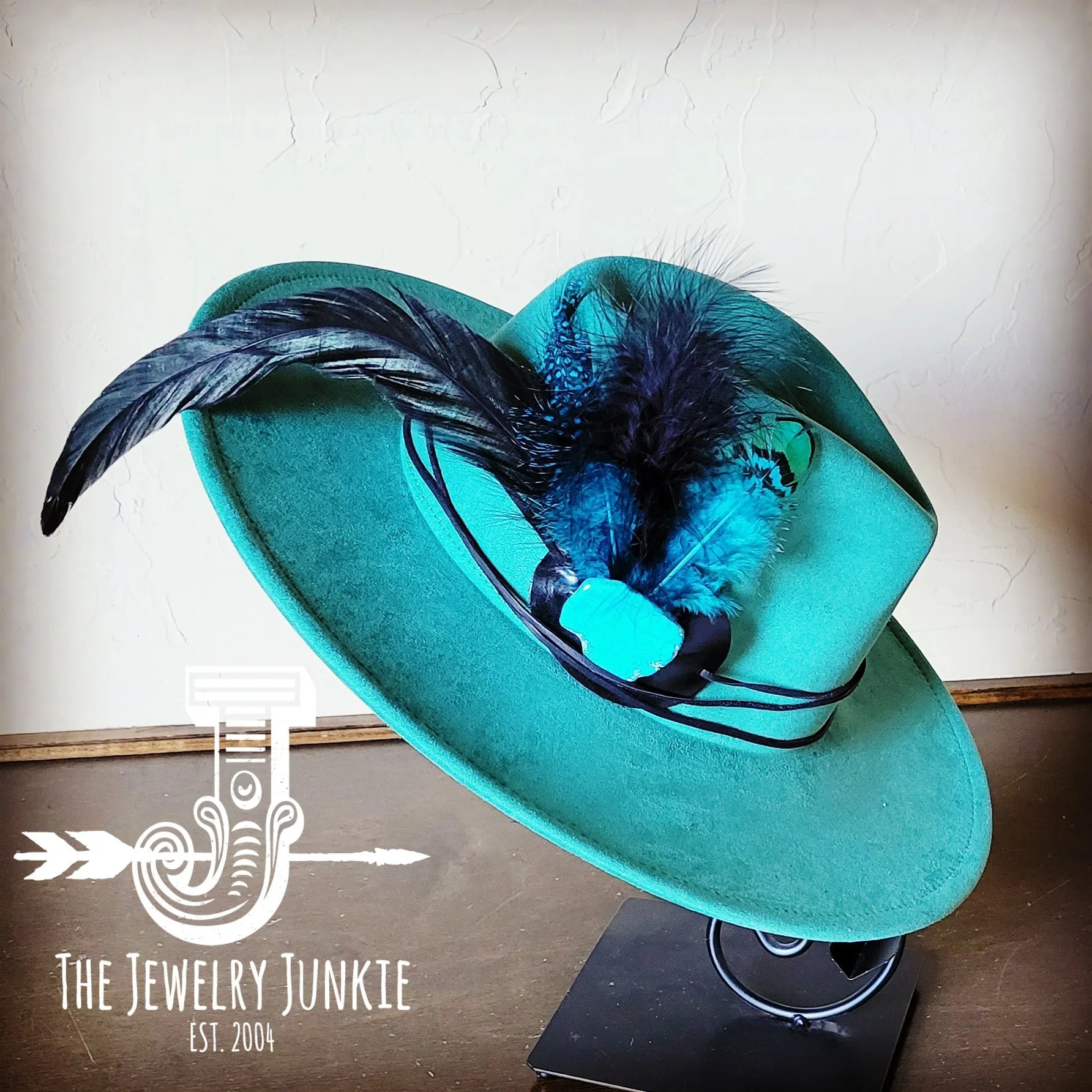 Marabou Blue Spotted Feather & Turquoise Slab Hat Band   Choice of Hat 986a