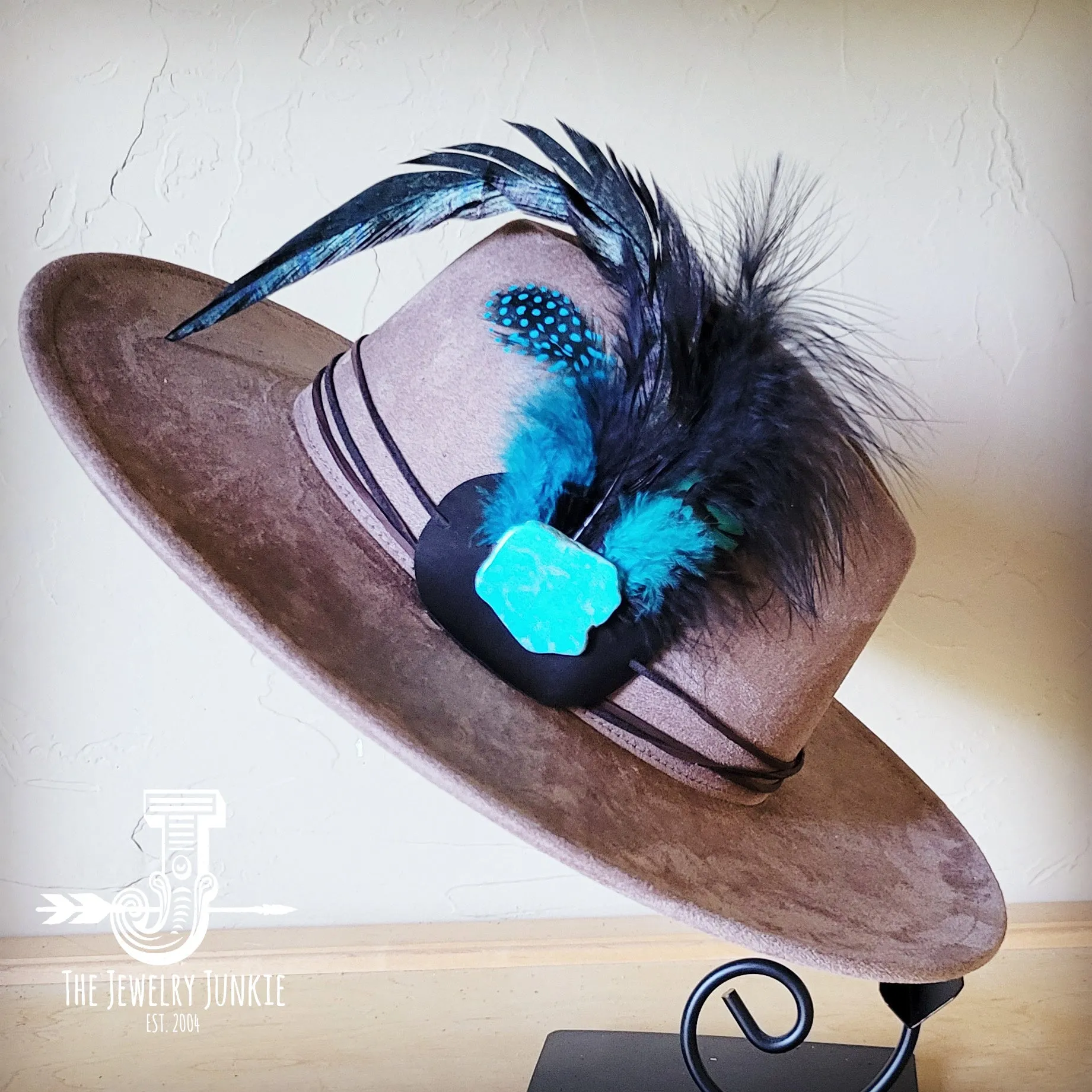 Marabou Blue Spotted Feather & Turquoise Slab Hat Band   Choice of Hat 986a