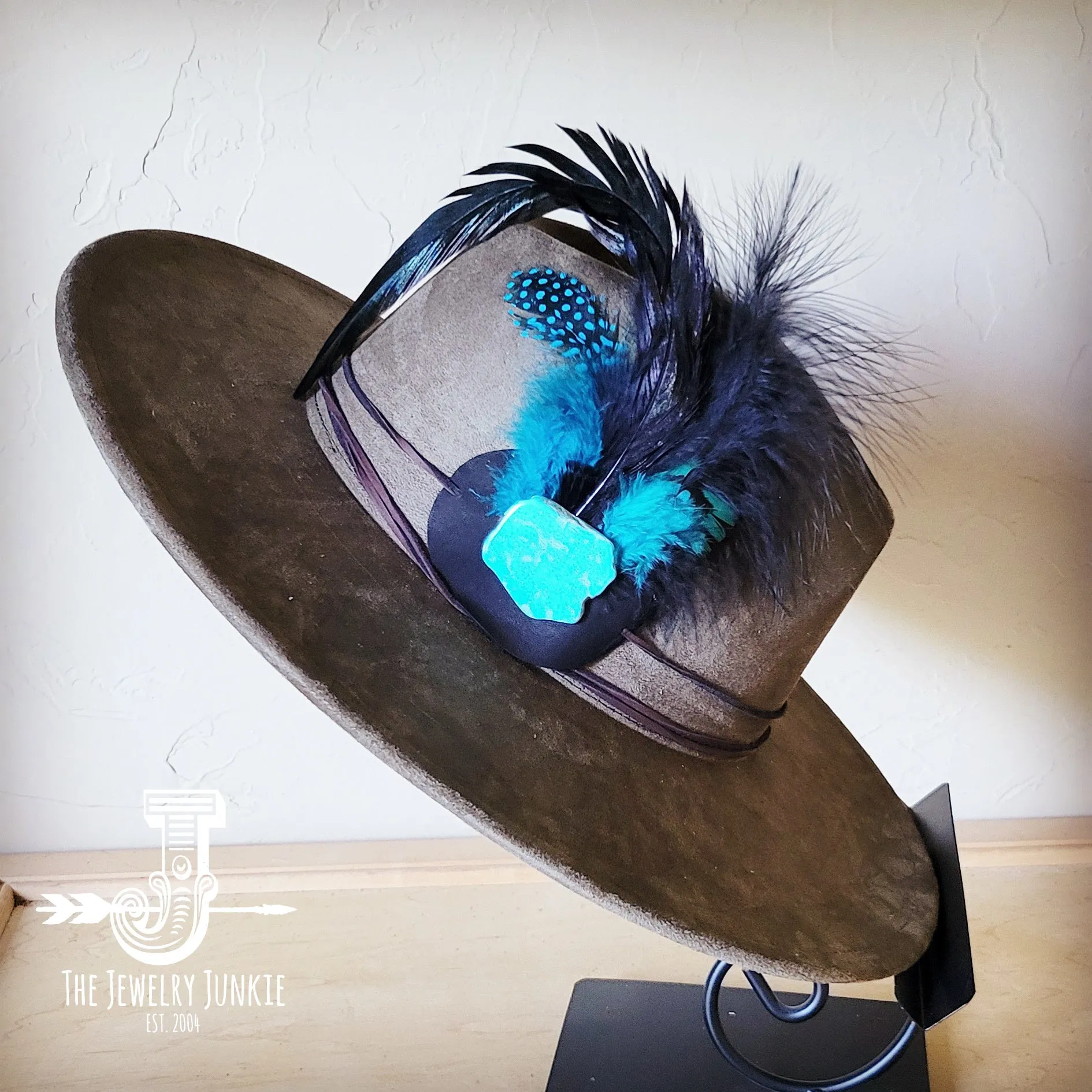 Marabou Blue Spotted Feather & Turquoise Slab Hat Band   Choice of Hat 986a