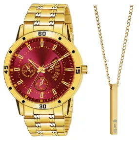 Men Gold Rich Analog Watch With Gold Chain Pendant Combo