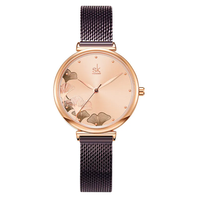 Mesh Strap Women's Watch Rose Gold Ginkgo Leaf Pattern Women's Fashion Waterproof Quartz Watch