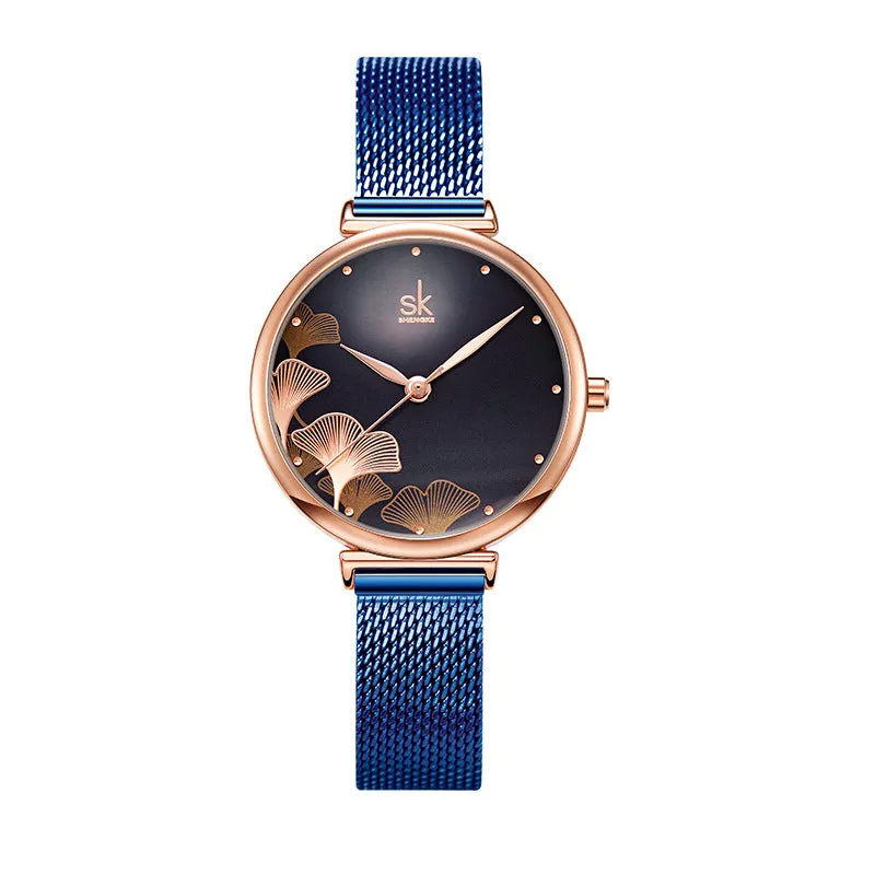 Mesh Strap Women's Watch Rose Gold Ginkgo Leaf Pattern Women's Fashion Waterproof Quartz Watch