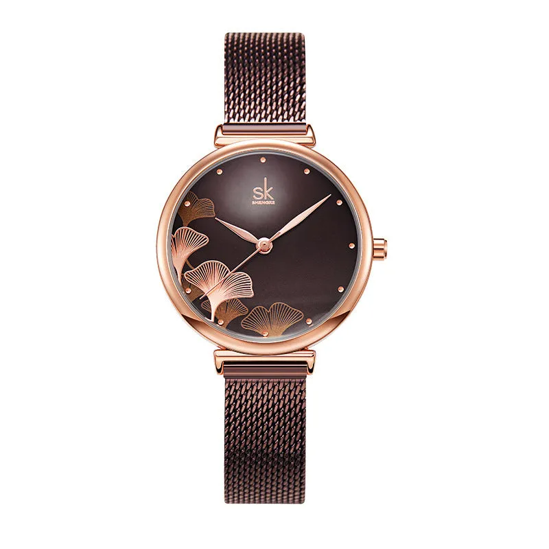 Mesh Strap Women's Watch Rose Gold Ginkgo Leaf Pattern Women's Fashion Waterproof Quartz Watch