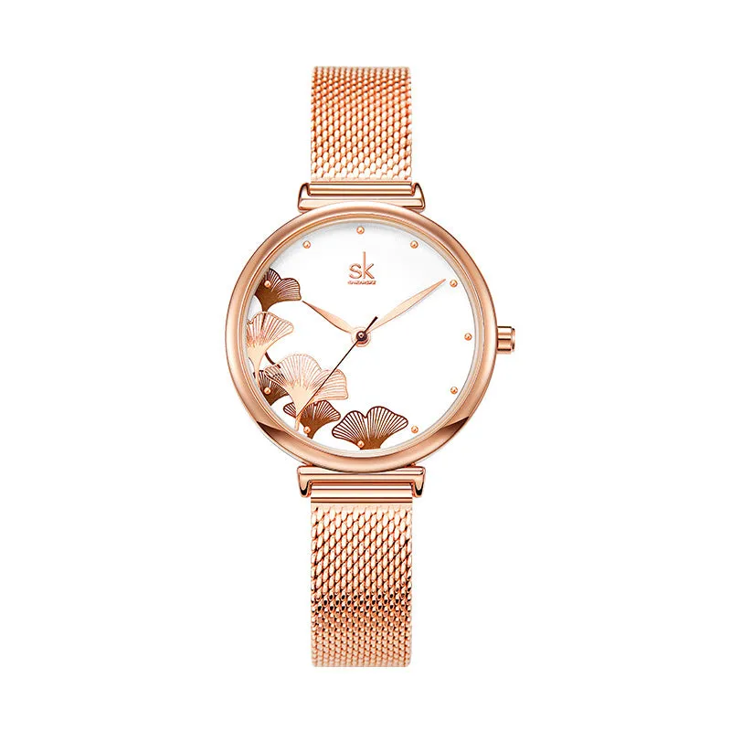 Mesh Strap Women's Watch Rose Gold Ginkgo Leaf Pattern Women's Fashion Waterproof Quartz Watch