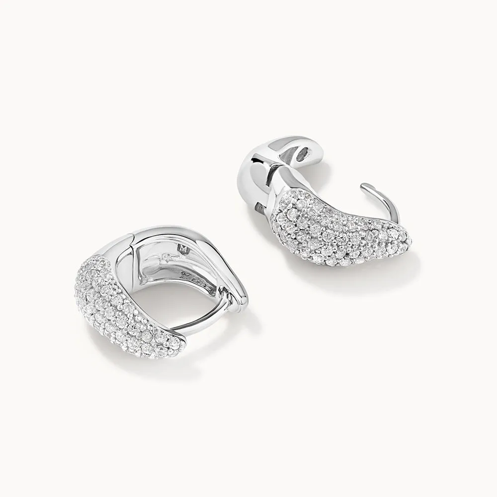 Mini White Topaz Pave Wave Dome Huggies in Silver