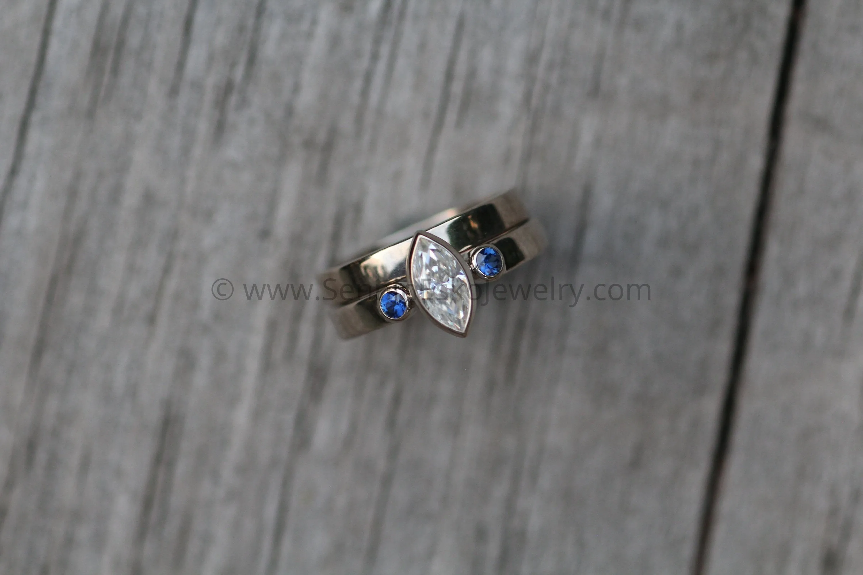 Moissanite Marquise and Dark Blue Sapphire  Palladium White Gold Vintage Inspired Engagement and Wedding Ring Set - Hand Made - Nickel Free