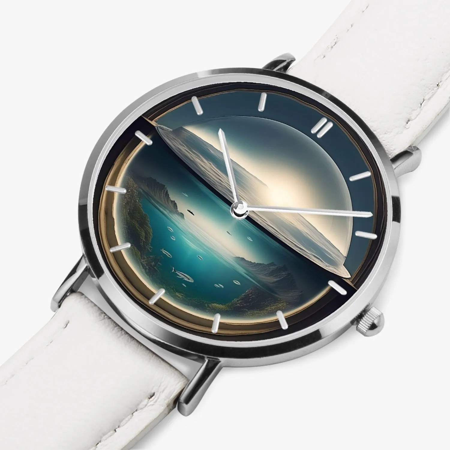 Montre à quartz avec bracelet en cuir ultra-fin (argent avec indicateurs) "Déluge en bocal" (165)