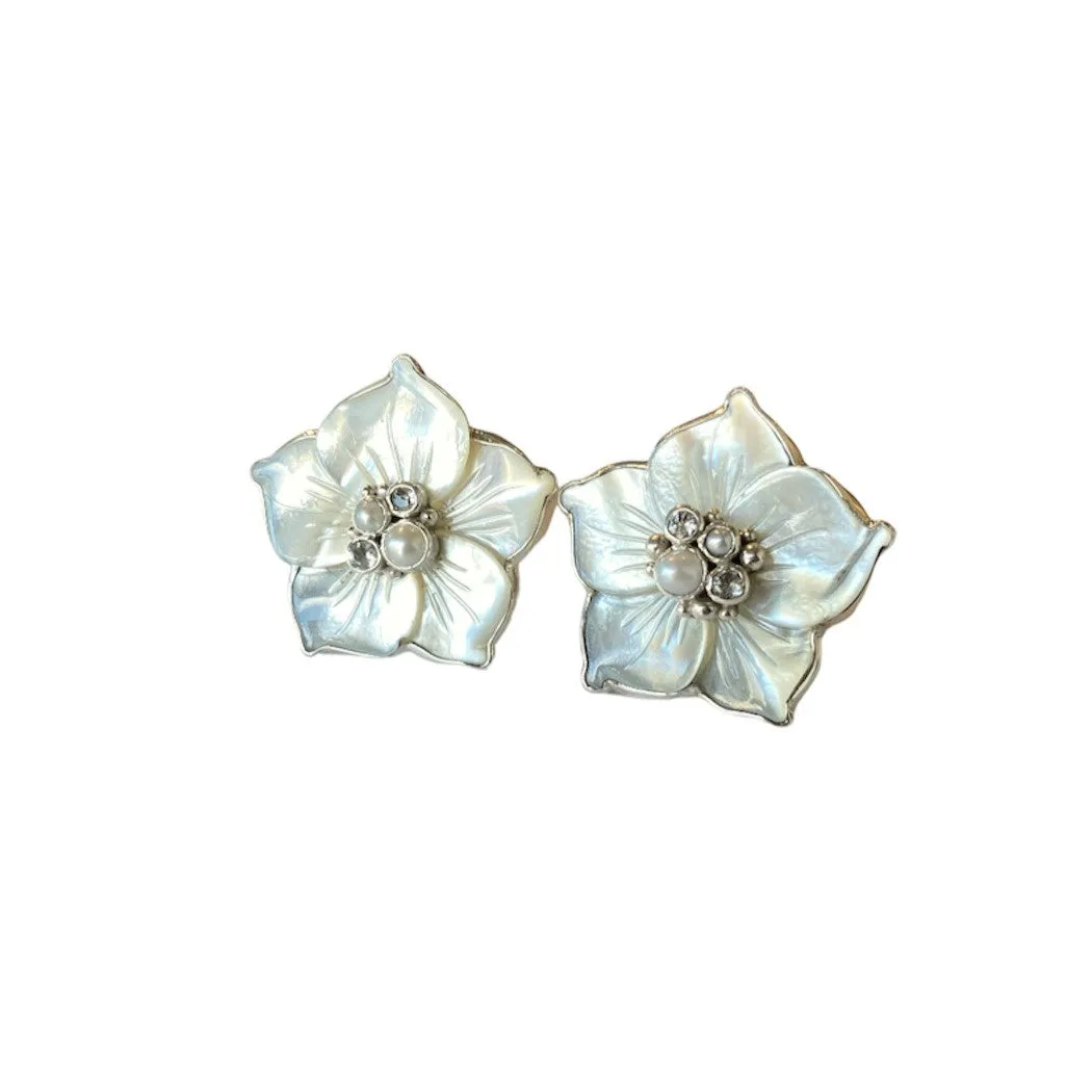 Mother of Pearl & White Topaz Clip On Earrings