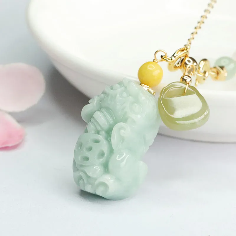 Myanmar A-grade Jade Pixiu Stone Necklace with Sterling Silver Chain