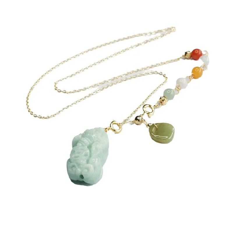 Myanmar A-grade Jade Pixiu Stone Necklace with Sterling Silver Chain