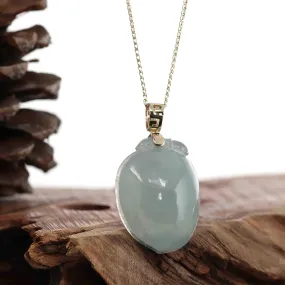 Natural Icy Jadeite Jade Shou Tao ( longevity Peach ) Necklace With 14k Yellow Gold Bail