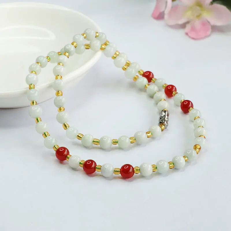 Natural Jade Necklace Red Agate Chain Light Colour Jade Golden Bead Chain