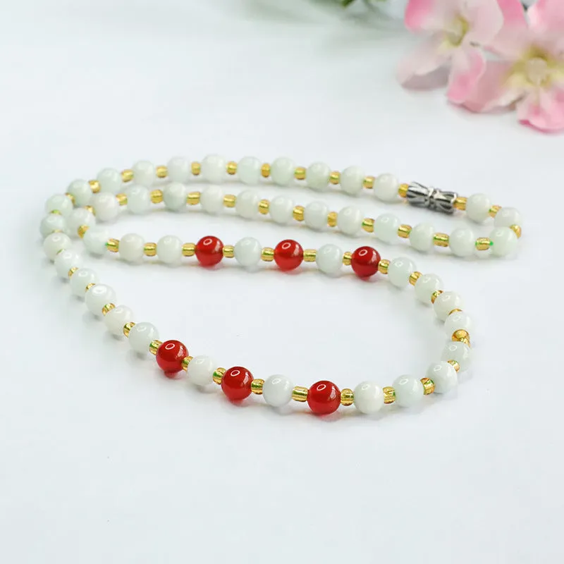 Natural Jade Necklace Red Agate Chain Light Colour Jade Golden Bead Chain