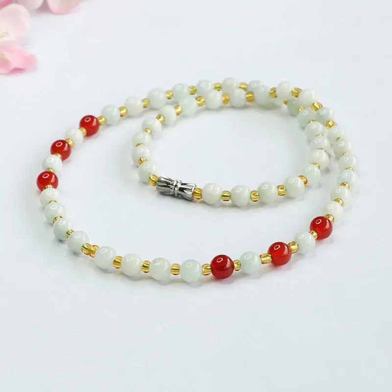 Natural Jade Necklace Red Agate Chain Light Colour Jade Golden Bead Chain