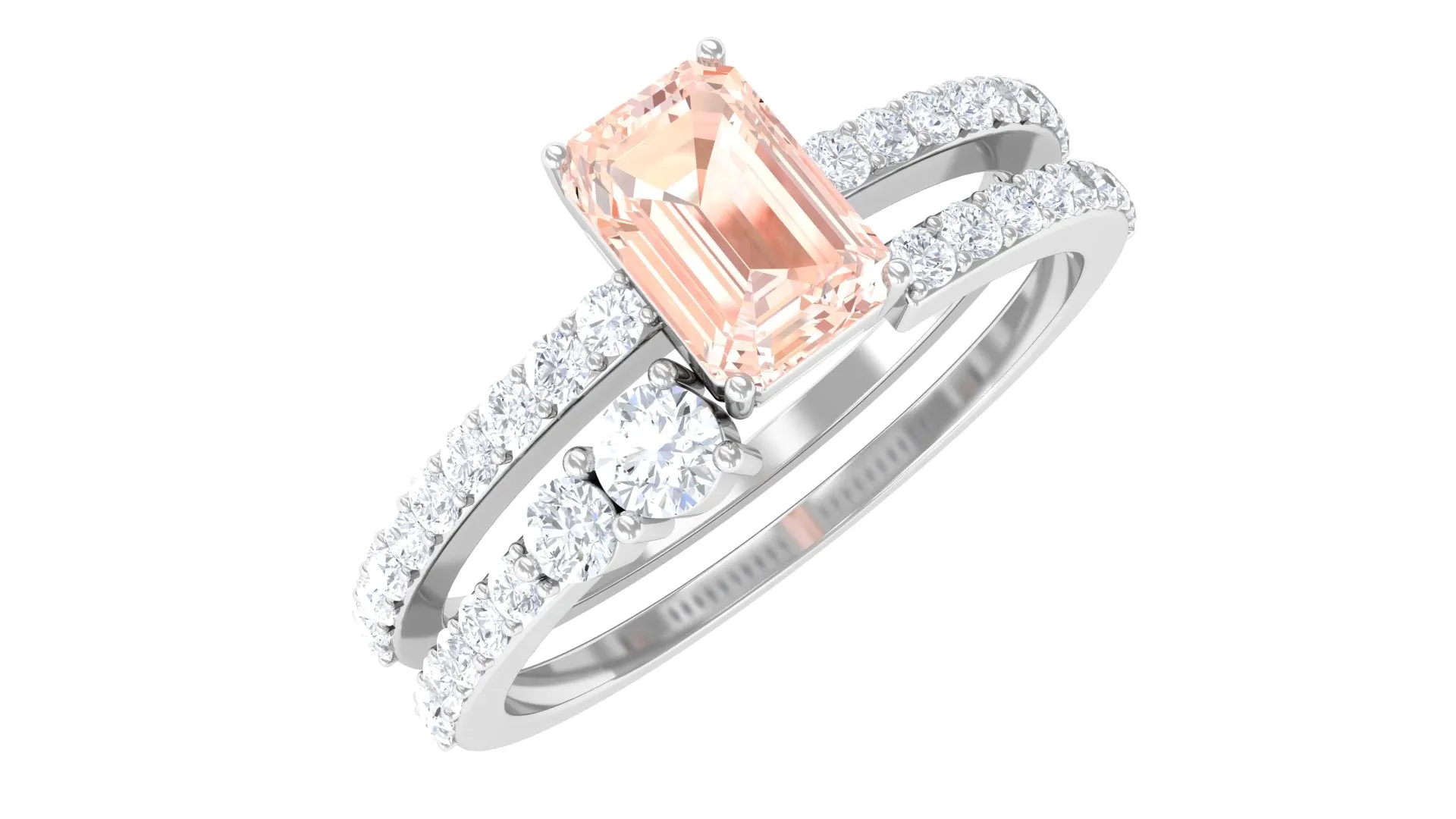 Natural Morganite and Diamond Stackable Ring Set