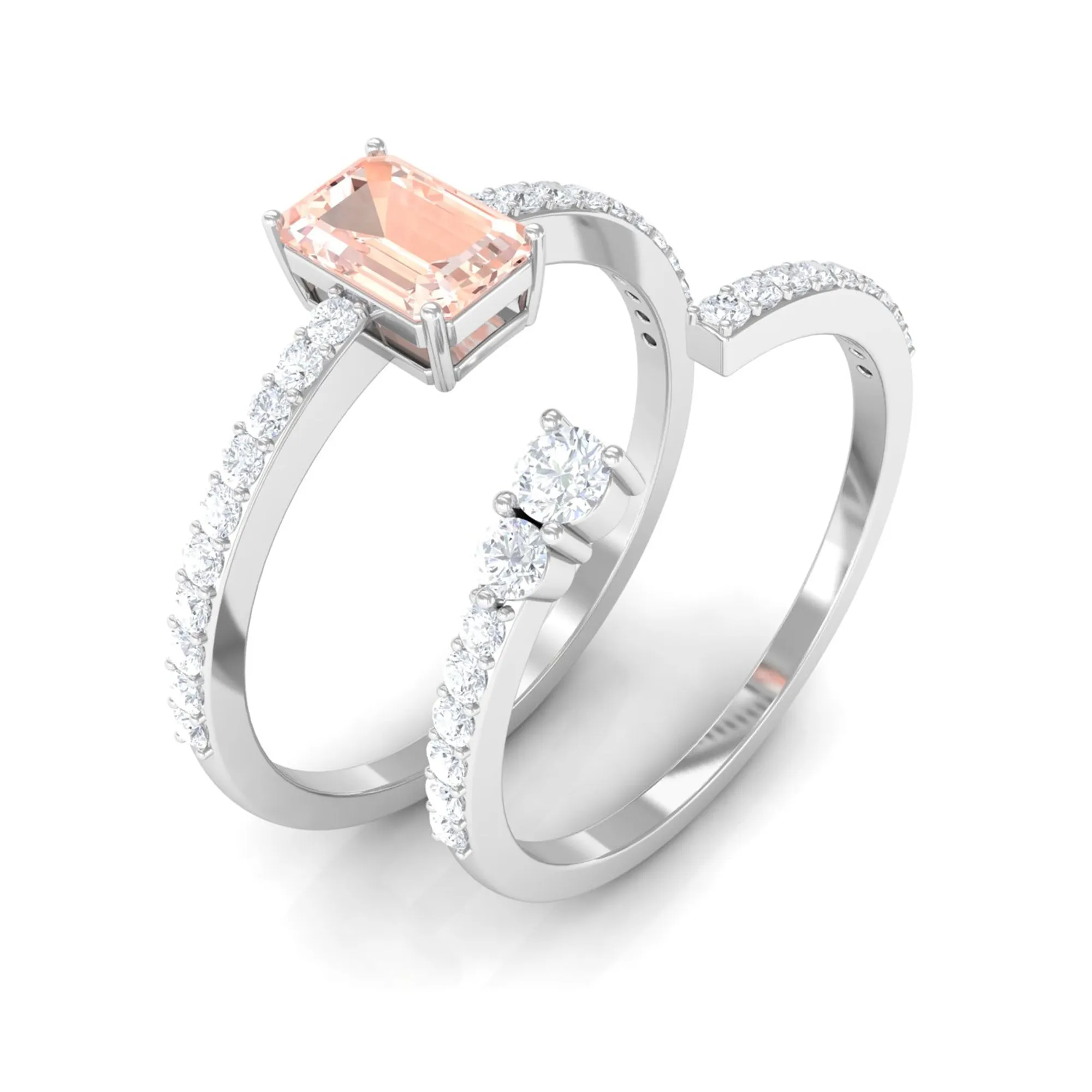 Natural Morganite and Diamond Stackable Ring Set