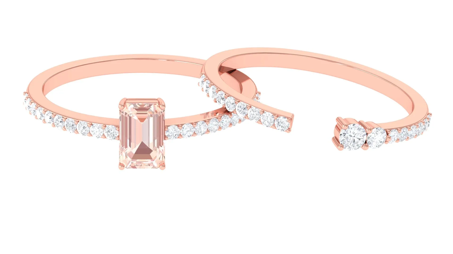 Natural Morganite and Diamond Stackable Ring Set