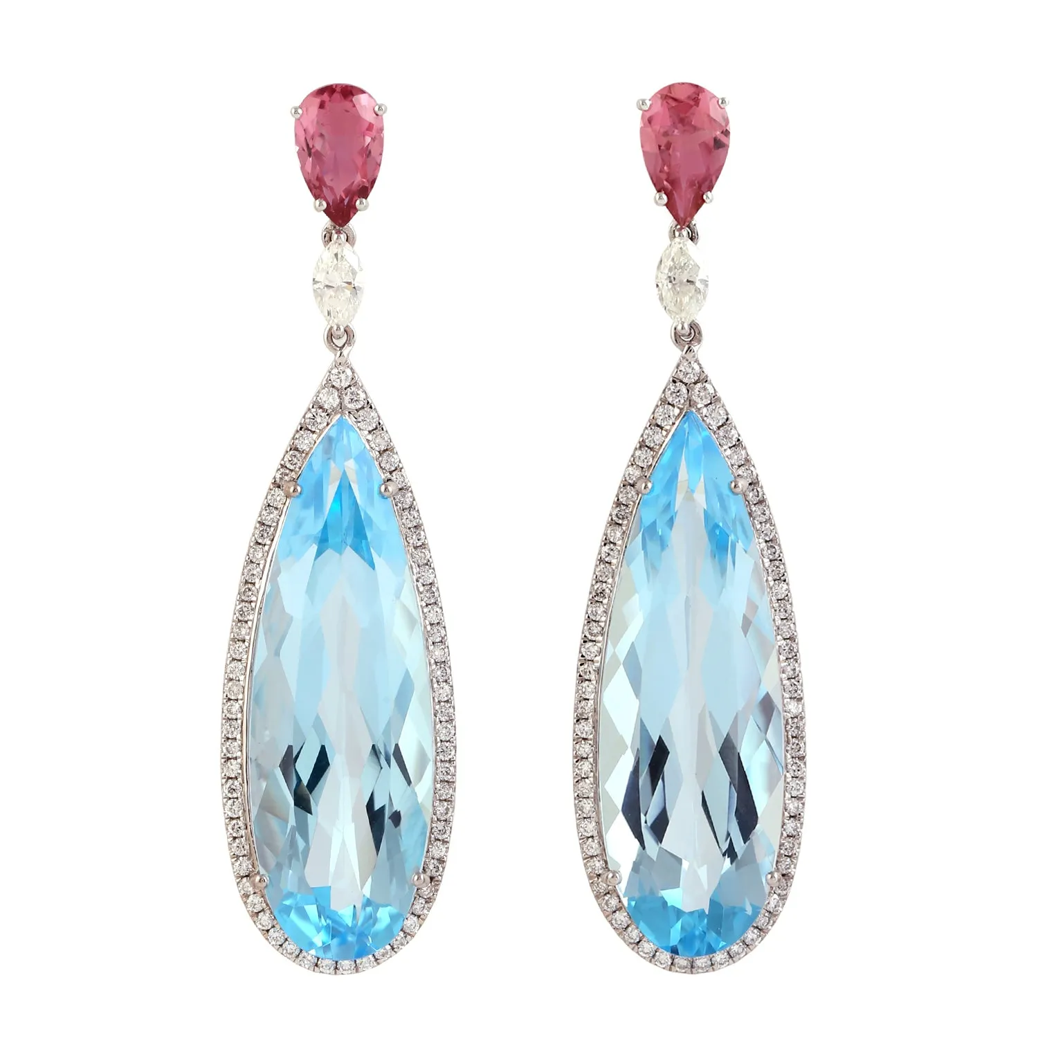 Natural Pin Tourmaline Pave Diamond Tear Drop Topaz Dangle Earrings jewelry In 18k White Gold