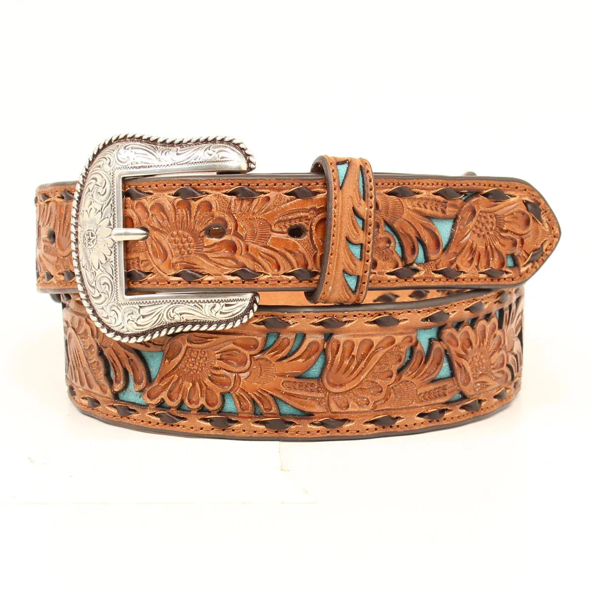 Nocona Belt Co. Men's Tan & Turquoise Inlay Floral Western Belt