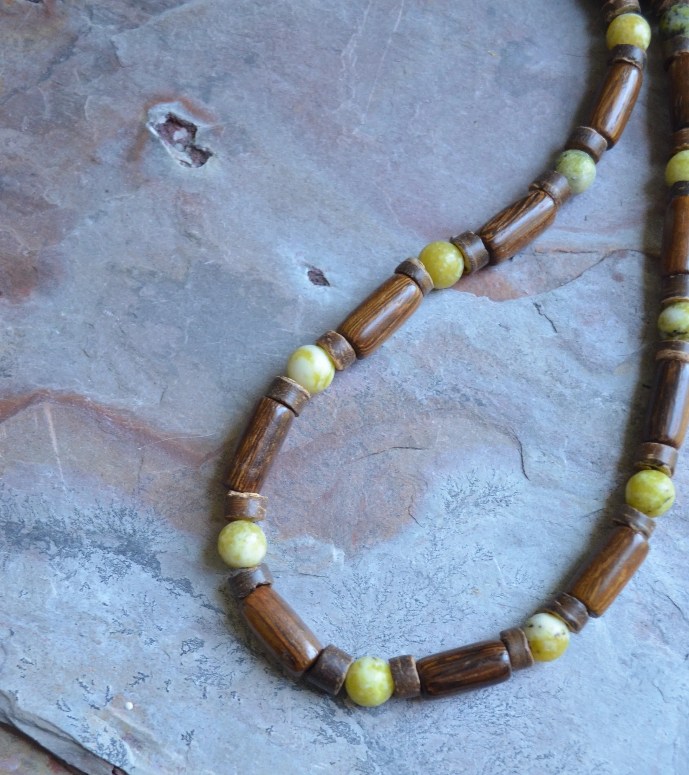 Olive Green Jade Brown Wood Beaded Surfer Long Short Mens Necklace - Saul