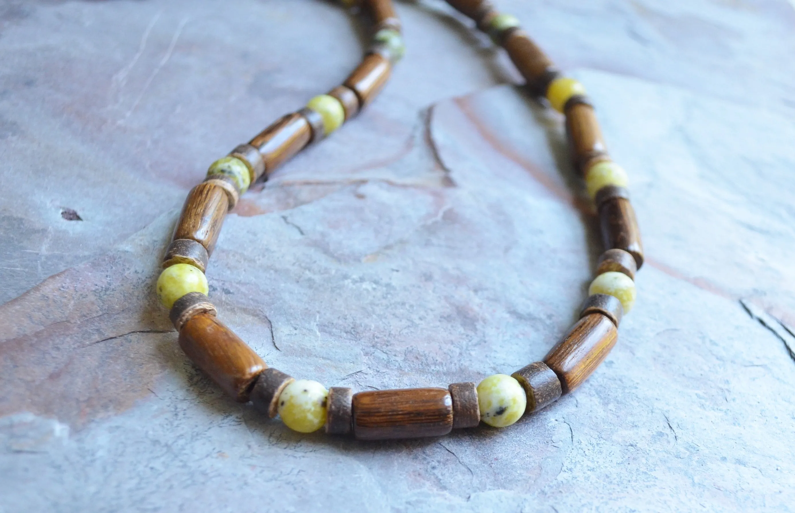 Olive Green Jade Brown Wood Beaded Surfer Long Short Mens Necklace - Saul