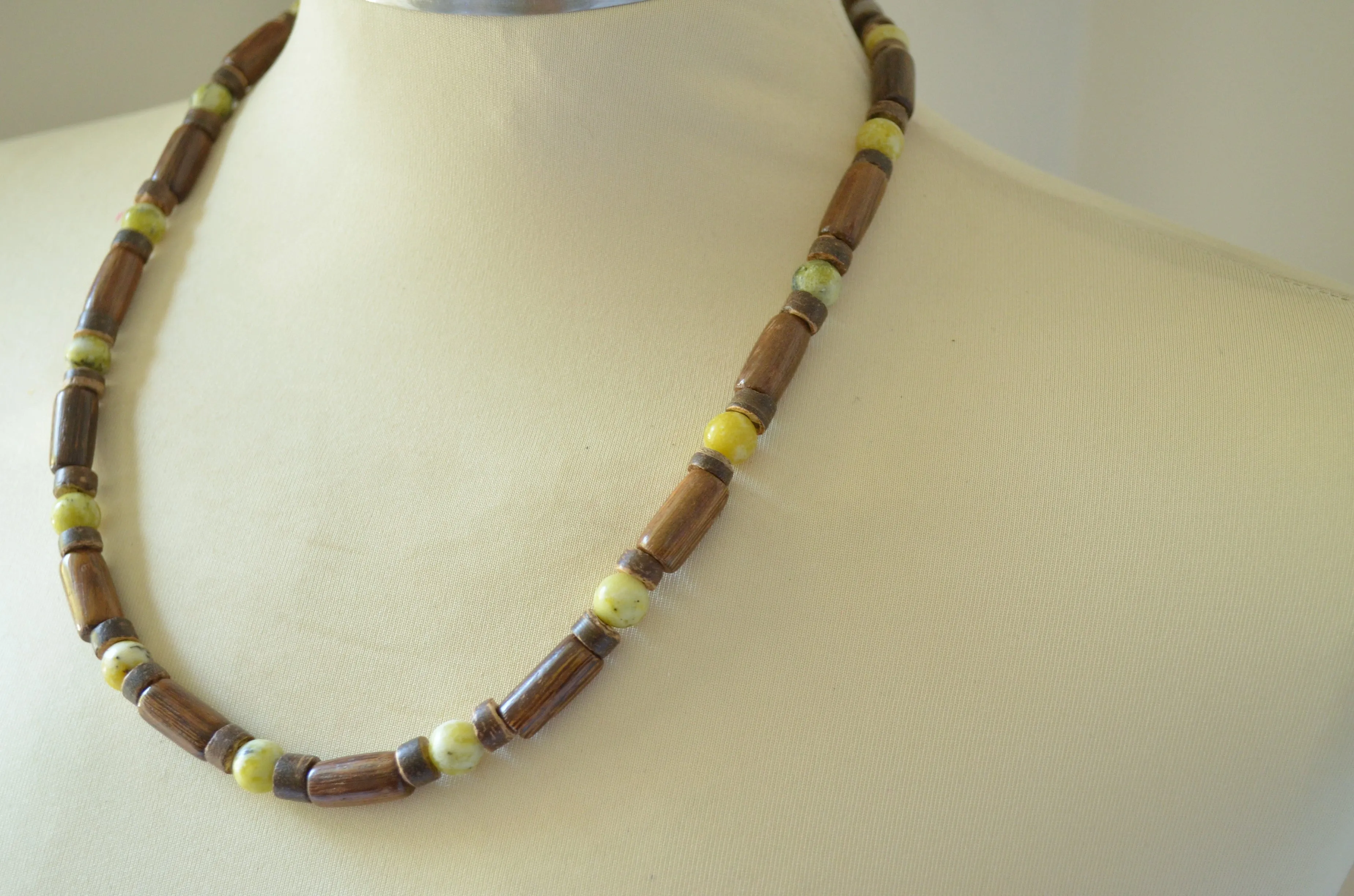 Olive Green Jade Brown Wood Beaded Surfer Long Short Mens Necklace - Saul