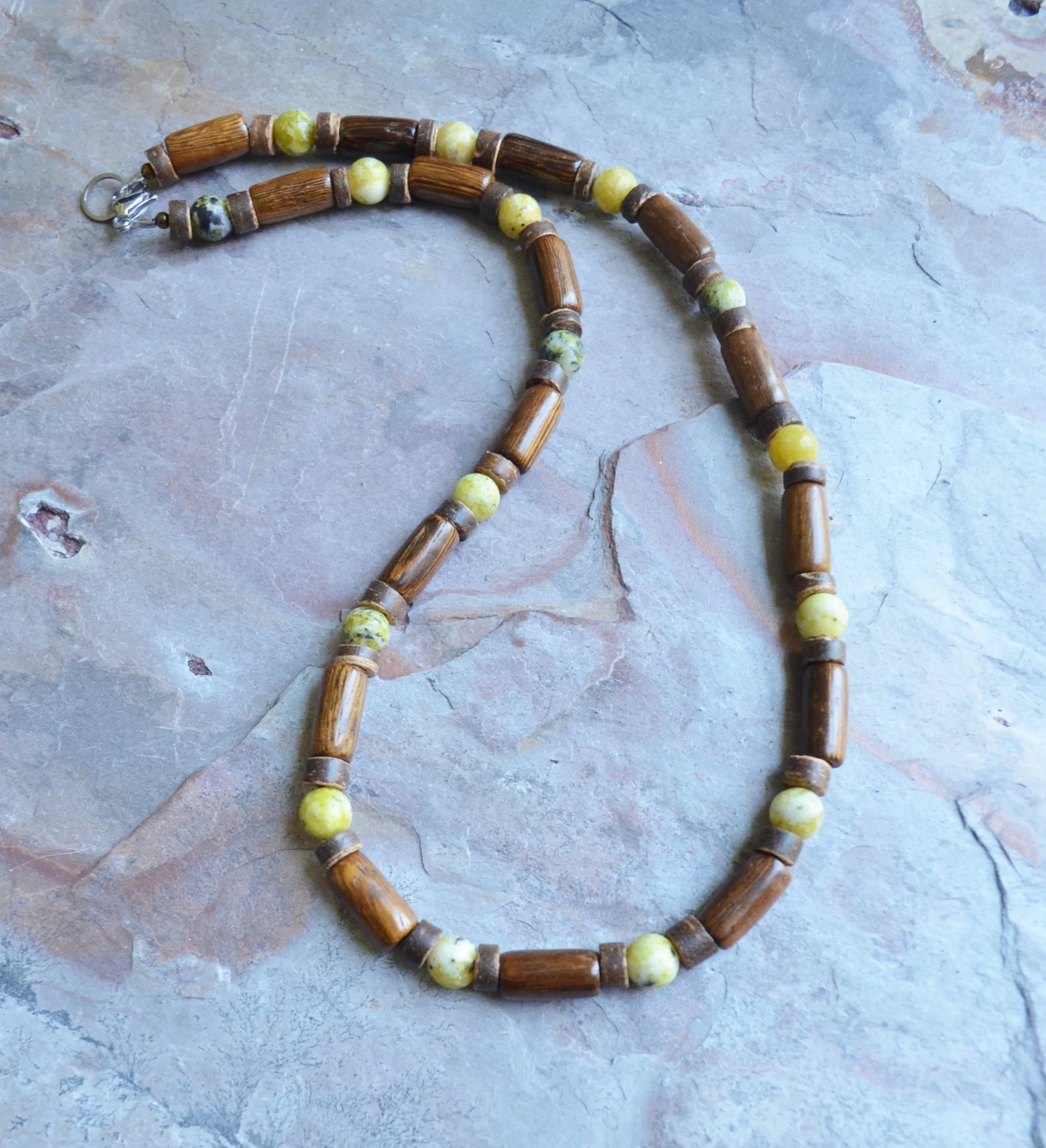 Olive Green Jade Brown Wood Beaded Surfer Long Short Mens Necklace - Saul