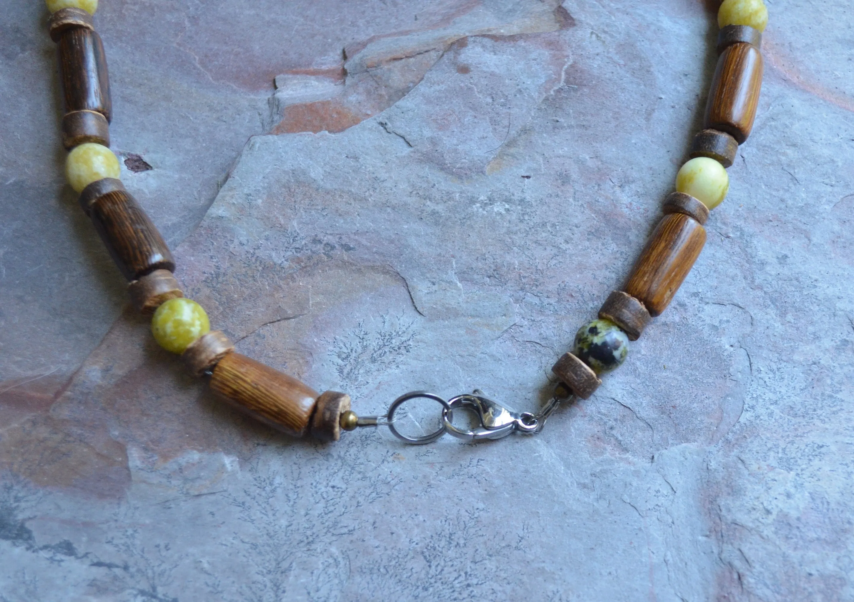 Olive Green Jade Brown Wood Beaded Surfer Long Short Mens Necklace - Saul