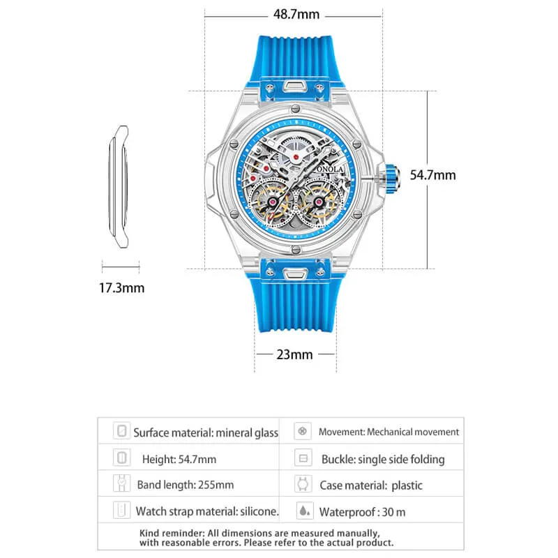 ONOLA Amazing 48mm Skeleton Transparent Watch with Visible Gears