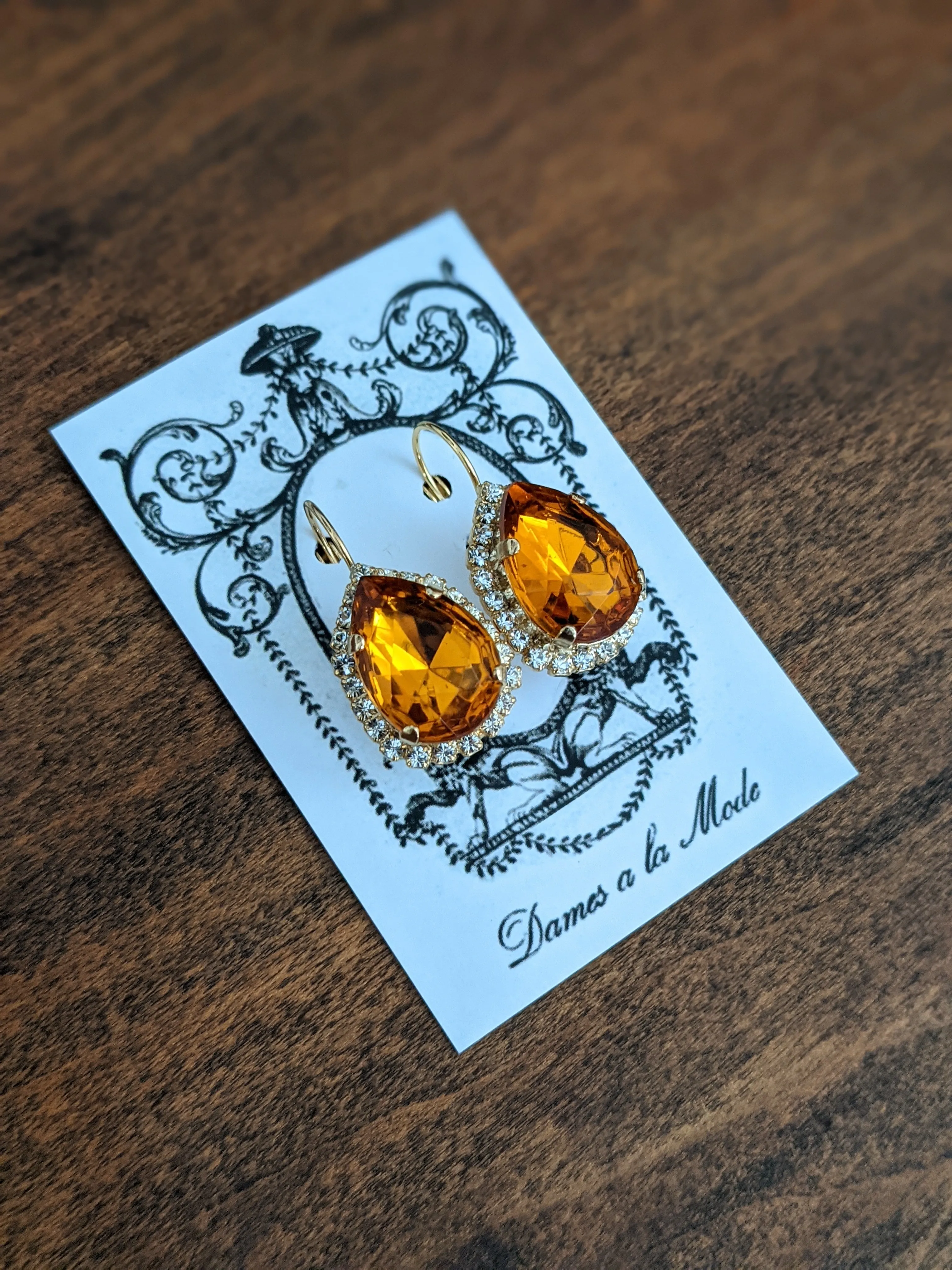 Orange Topaz Halo Crystal Earrings - Large Teardrop