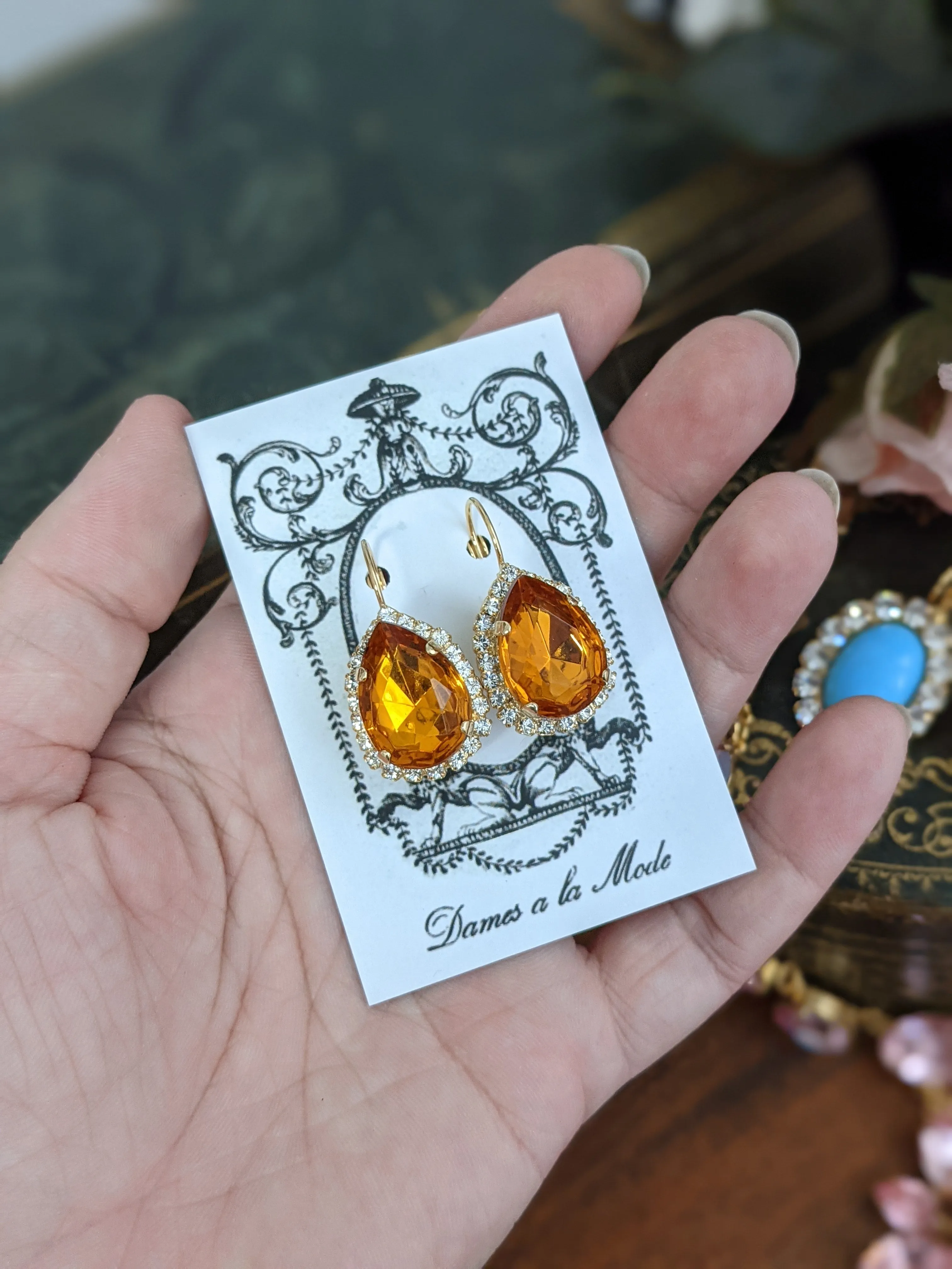 Orange Topaz Halo Crystal Earrings - Large Teardrop