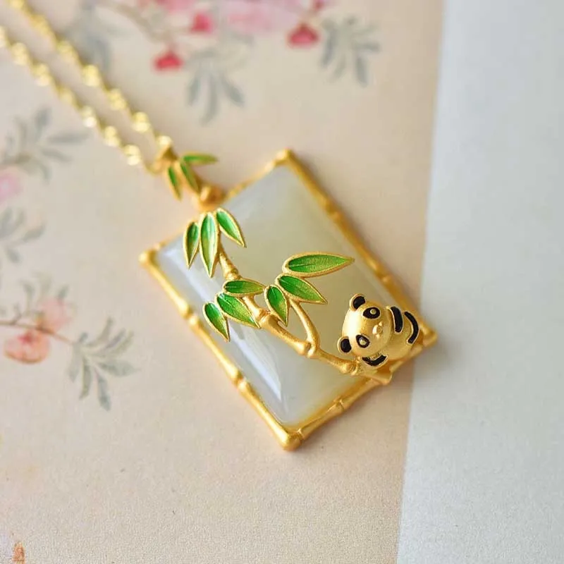 Panda Bear Jade Enamel Bamboo Leaf Pendant Necklace