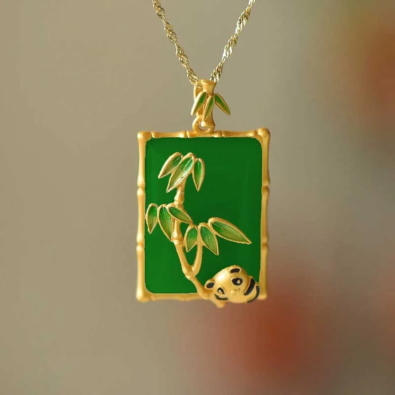 Panda Bear Jade Enamel Bamboo Leaf Pendant Necklace