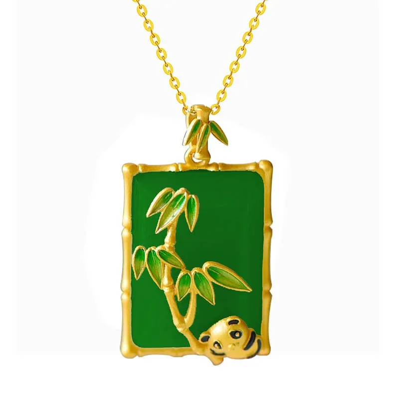 Panda Bear Jade Enamel Bamboo Leaf Pendant Necklace