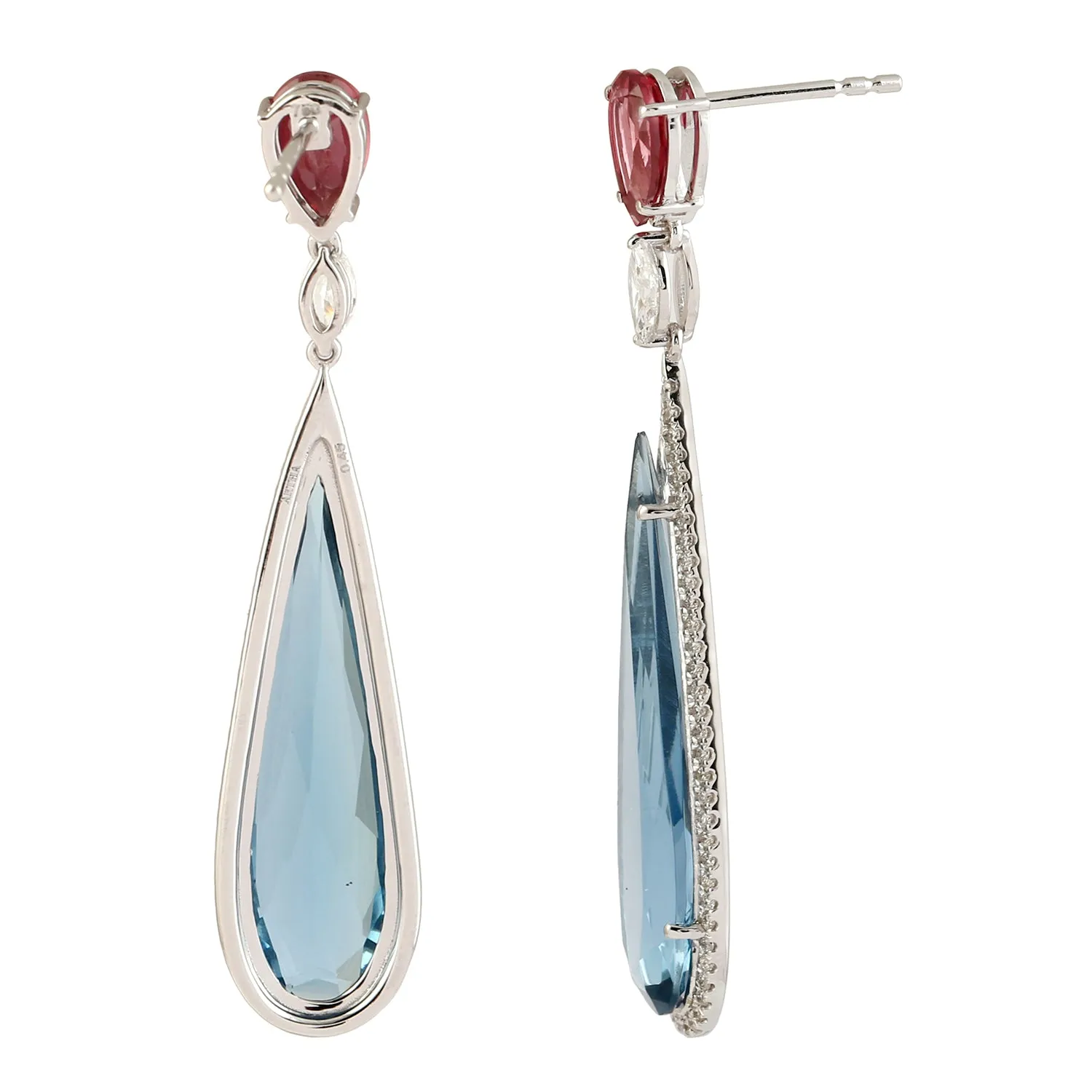 Pear Blue Topaz Pear Pink Tourmaline Pave Rose Cut Diamond Danglers In White Gold For Her