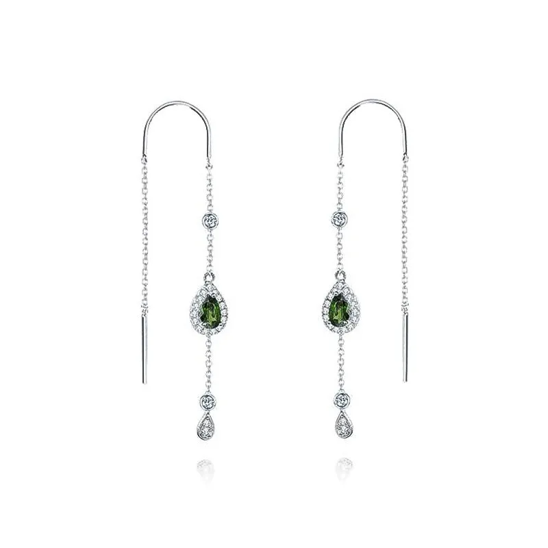 Pear Shape Natural Gemstone Tassel Ear Line Silver Earrings