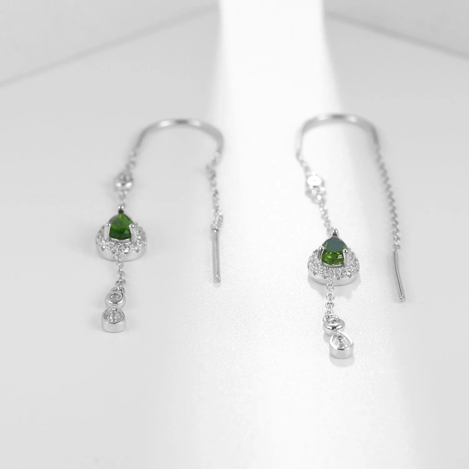 Pear Shape Natural Gemstone Tassel Ear Line Silver Earrings