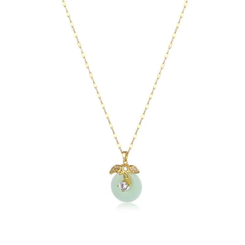 Petite Natural Hetian Round Jade CZ Flower Pendant Necklace