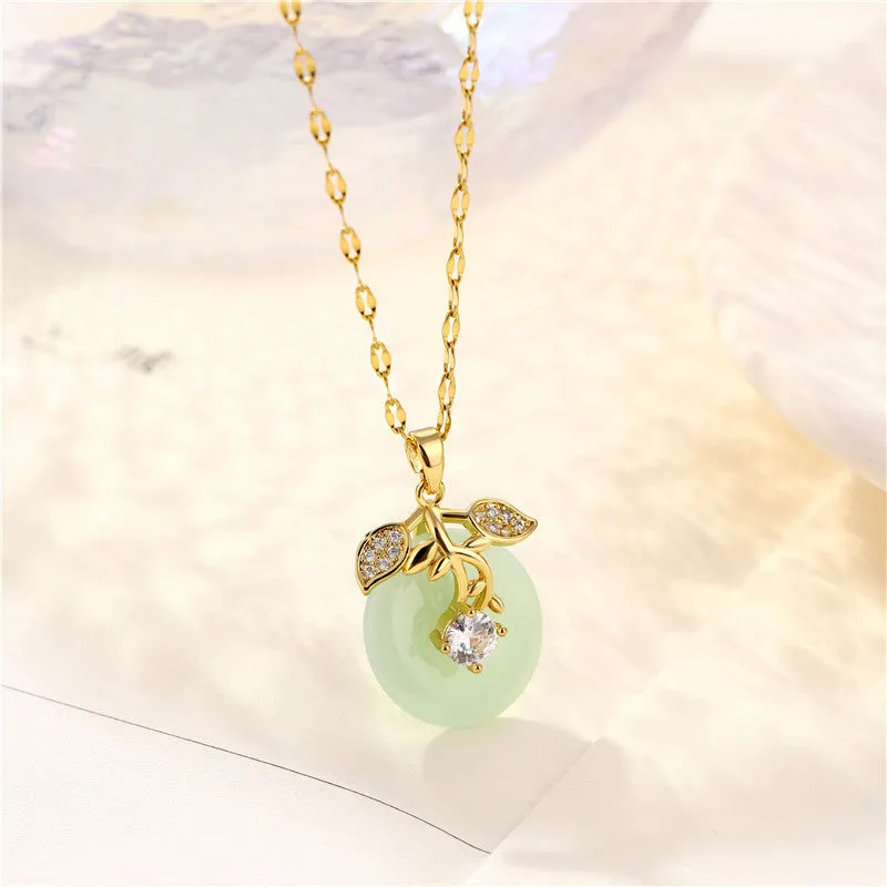 Petite Natural Hetian Round Jade CZ Flower Pendant Necklace