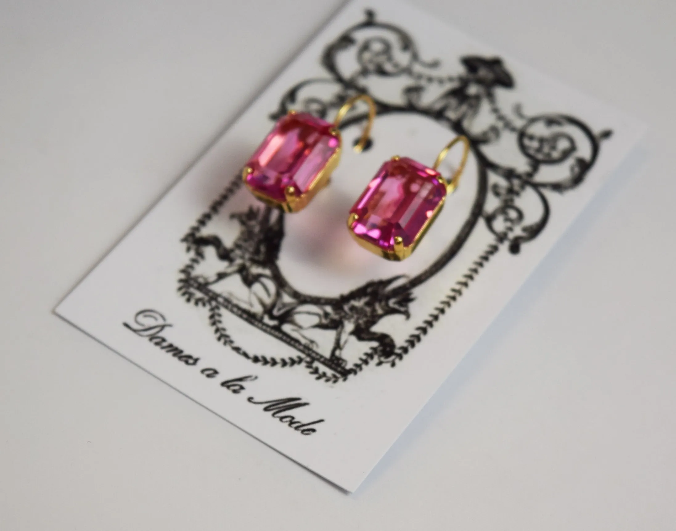 Pink Topaz Swarovski Crystal Earrings - Medium Octagon - ON SALE