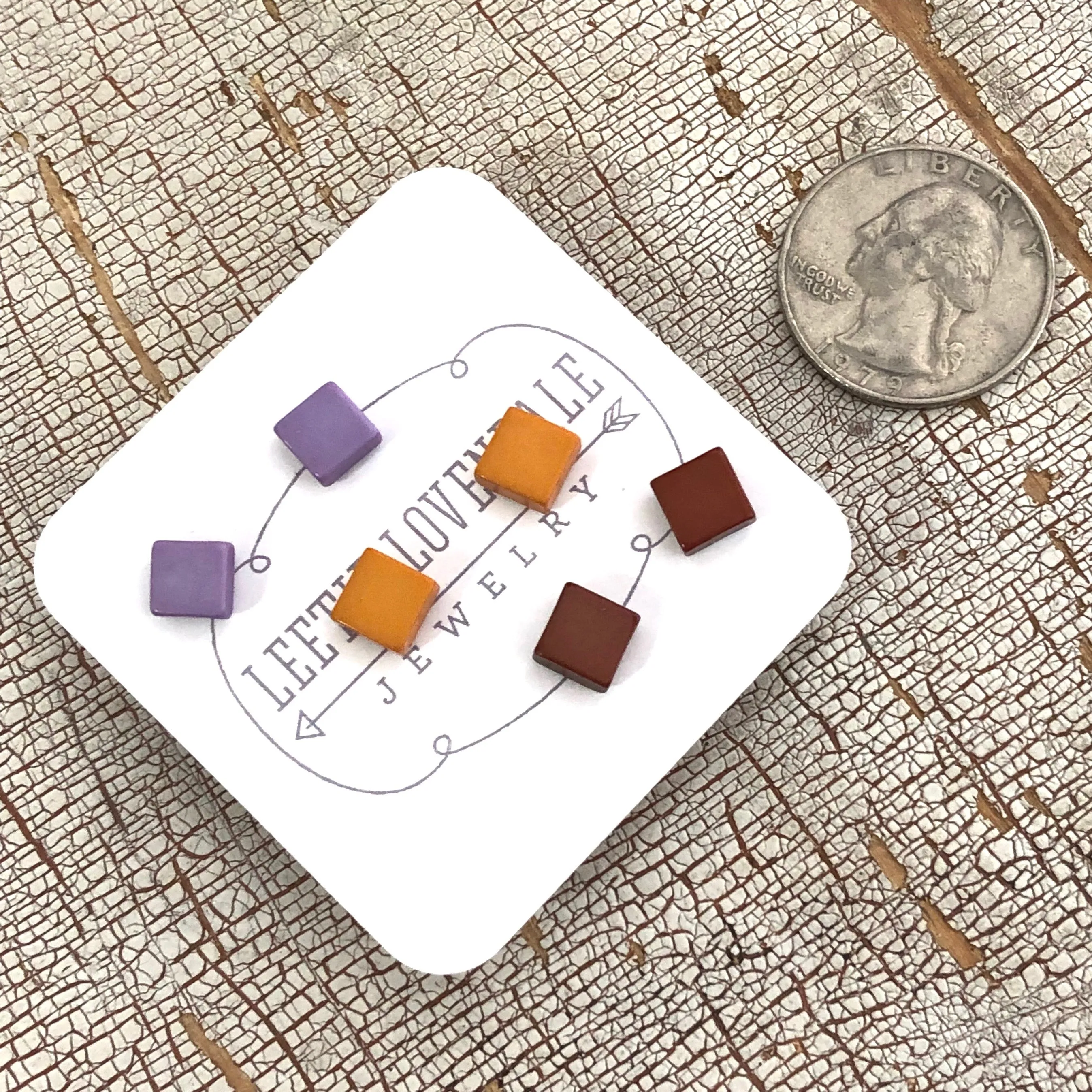 Purple Mustard & Chocolate Minimalist Mod Square Stud Earrings Set